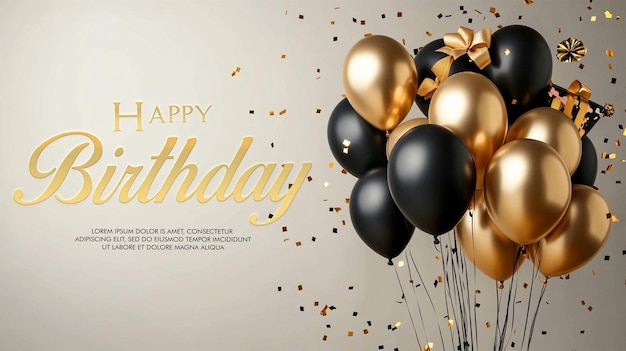 Feest achtergrond met zwarte gouden ballonnen geschenken en confetti