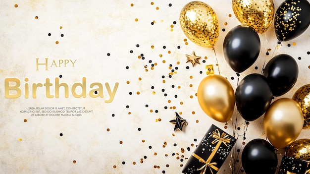 Feest achtergrond met zwarte gouden ballonnen geschenken en confetti