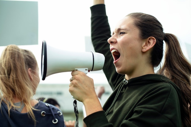 PSD female activist shouting on a megaphone