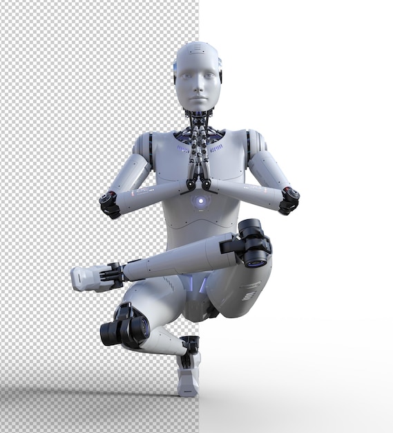 PSD femmina android yoga posa 3d rendering isolato