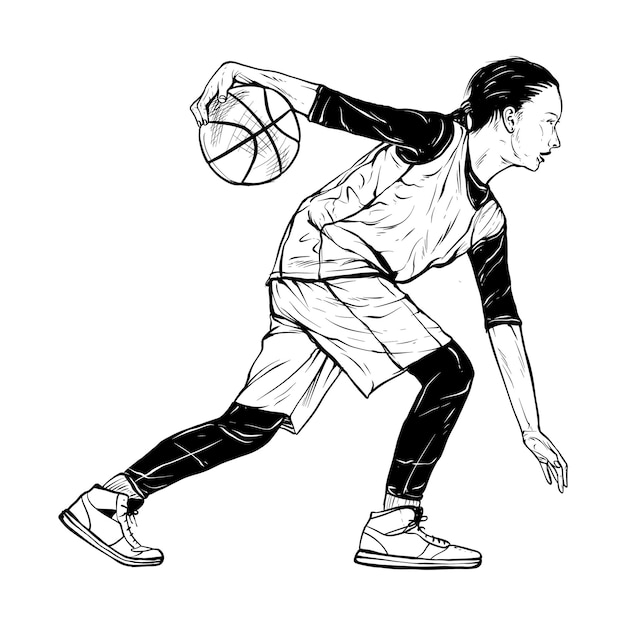female basketball player vintage line engraving style hand drawn silhouette illustration