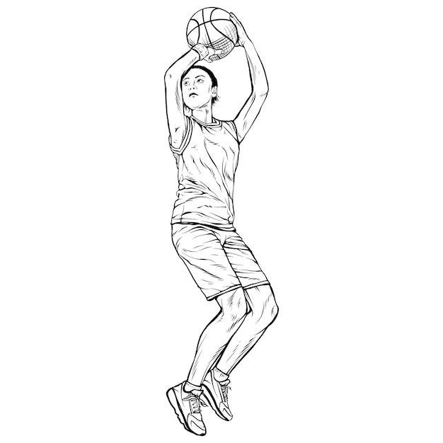 female basketball player vintage line engraving style hand drawn silhouette illustration