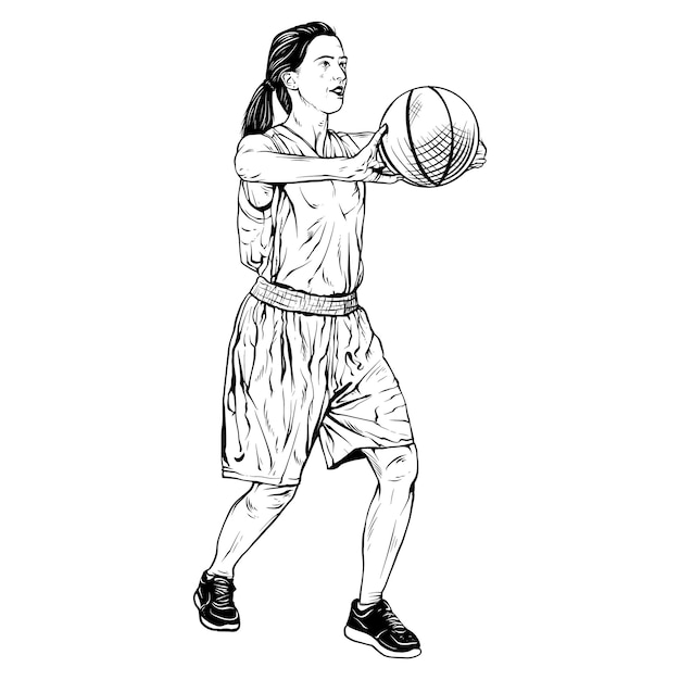 female basketball player vintage line engraving style hand drawn silhouette illustration