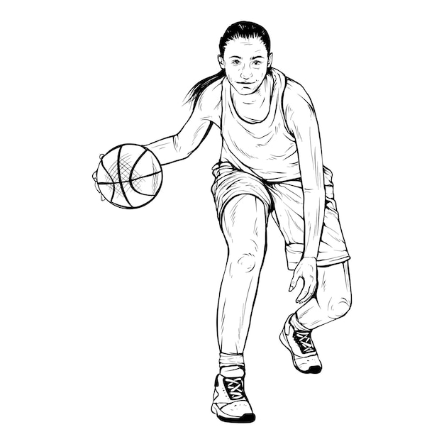 female basketball player vintage line engraving style hand drawn silhouette illustration