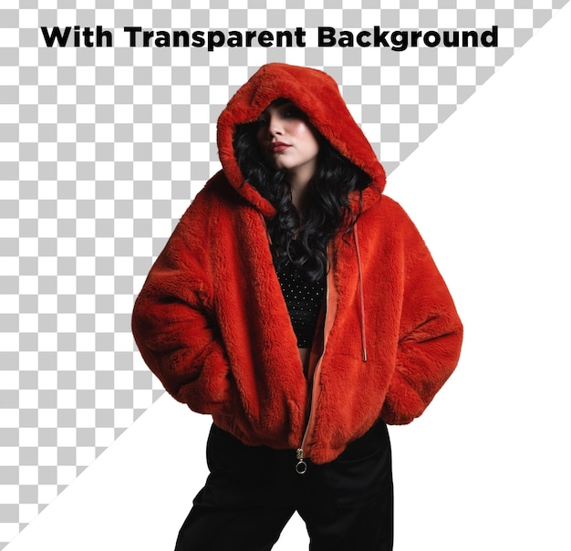 female beautiful model posing in red hoodie or jacket for winter season on head photo png psd