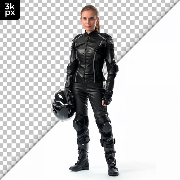 PSD a female biker wearing a helmet and helmet stands in front of a checkered background