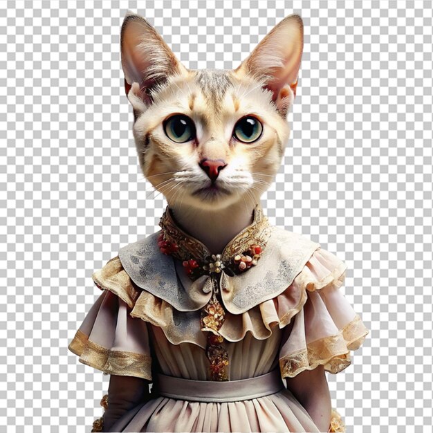 PSD a female cat wearing royal white dress on transparent background