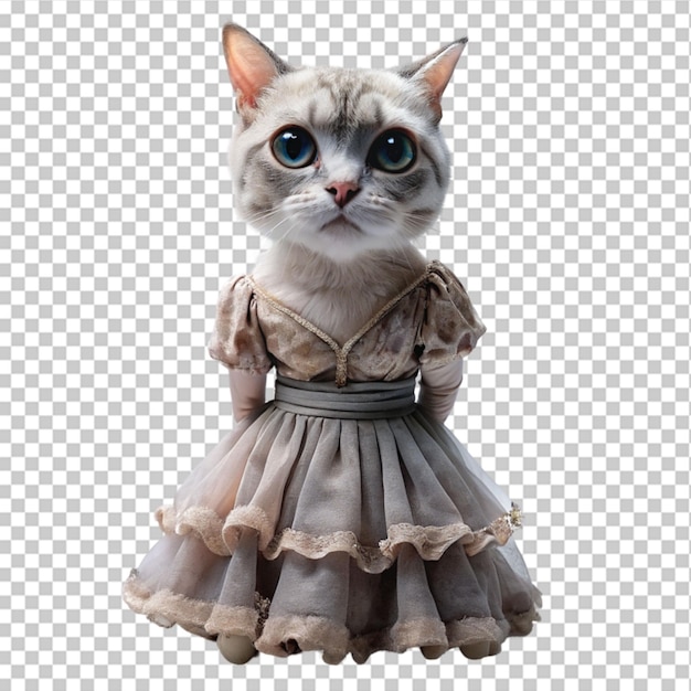 PSD a female cat wearing royal white dress on transparent background