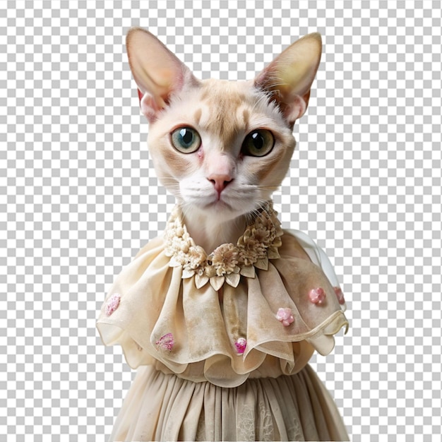 PSD a female cat wearing royal white dress on transparent background