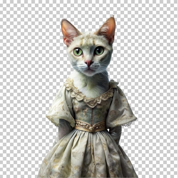 PSD a female cat wearing royal white dress on transparent background