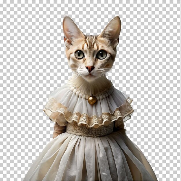 A female cat wearing royal white dress on transparent background