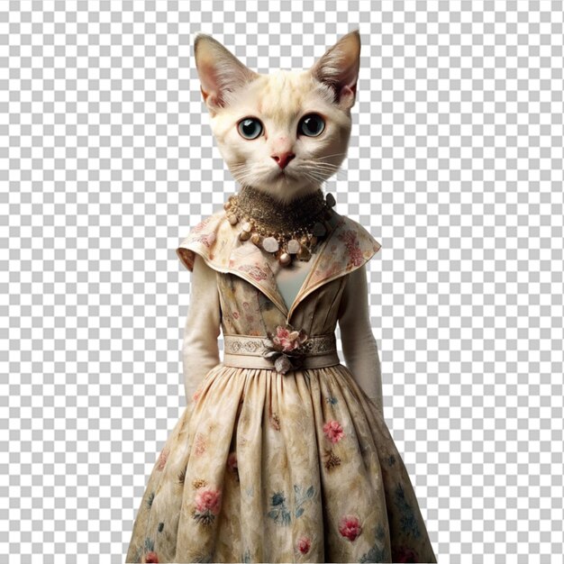 PSD a female cat wearing royal white dress on transparent background