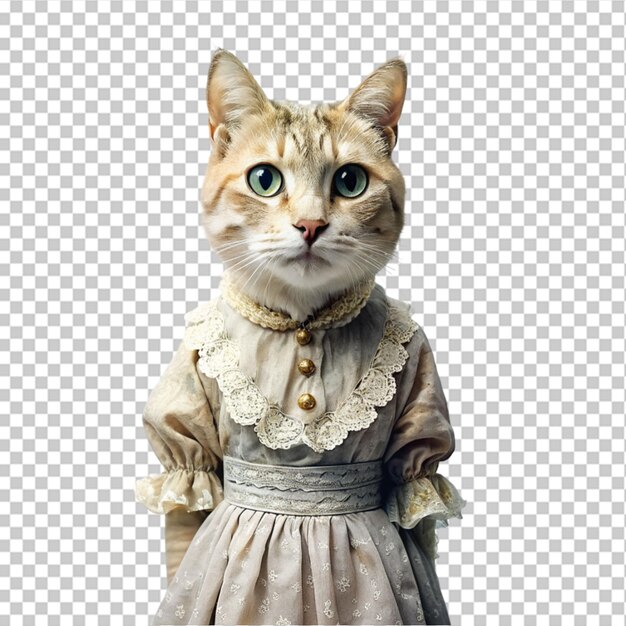 PSD a female cat wearing royal white dress on transparent background