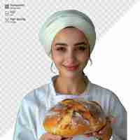 PSD female chef in turban presenting fresh baked bread