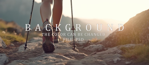 PSD female climber climbing alone on a mountain using sticks