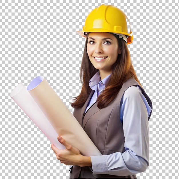 PSD female construction foreman holding plans