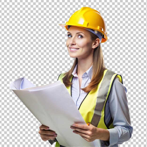 PSD female construction foreman holding plans