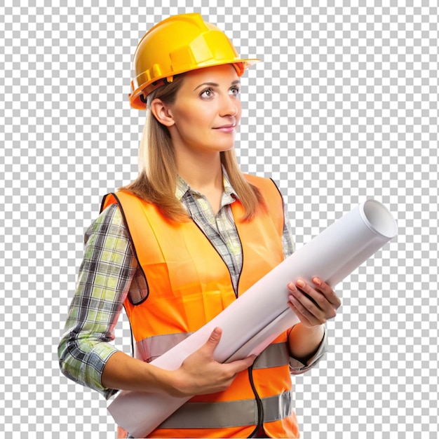 PSD female construction foreman holding plans