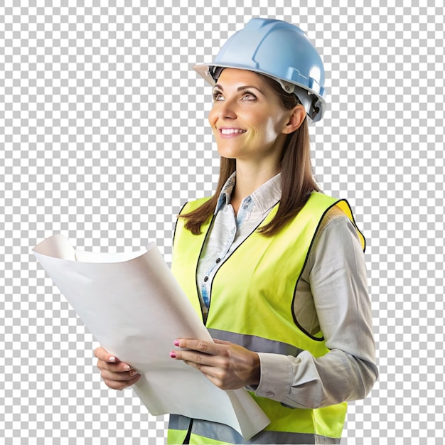 PSD female construction foreman holding plans