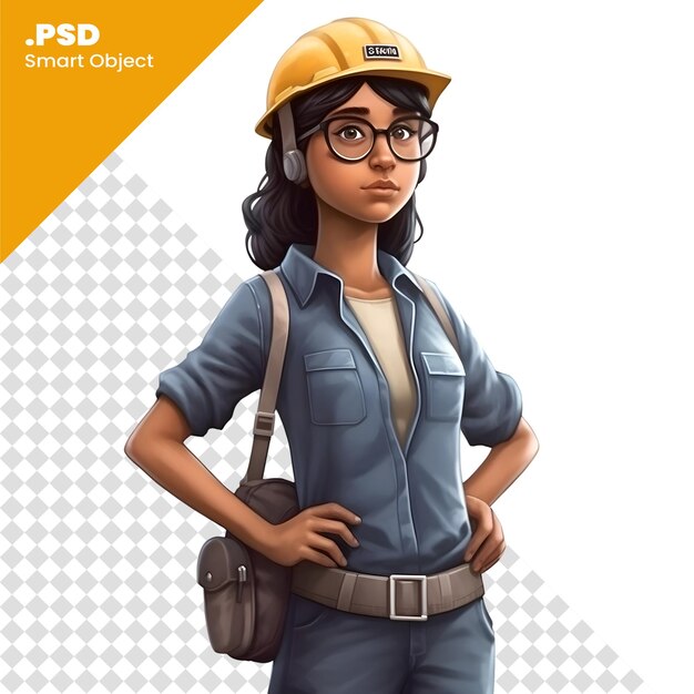 Female construction worker with yellow helmet and blue overalls3d rendering psd template