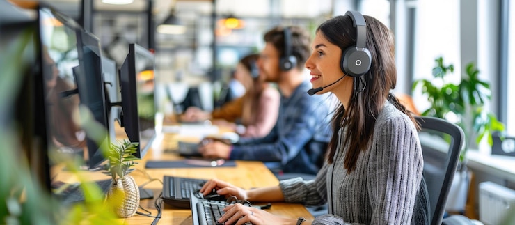 PSD a female customer service representative with a headset is working at her computer in an office setting