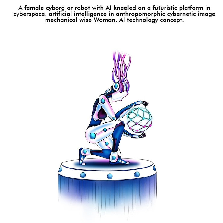 PSD a female cyborg or robot with al kneeled on a futuristic platform in cyberspace ai