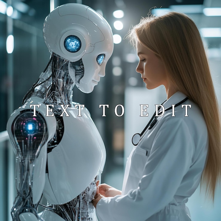 PSD female doctor examining a humanoid robot in a futuristic lab