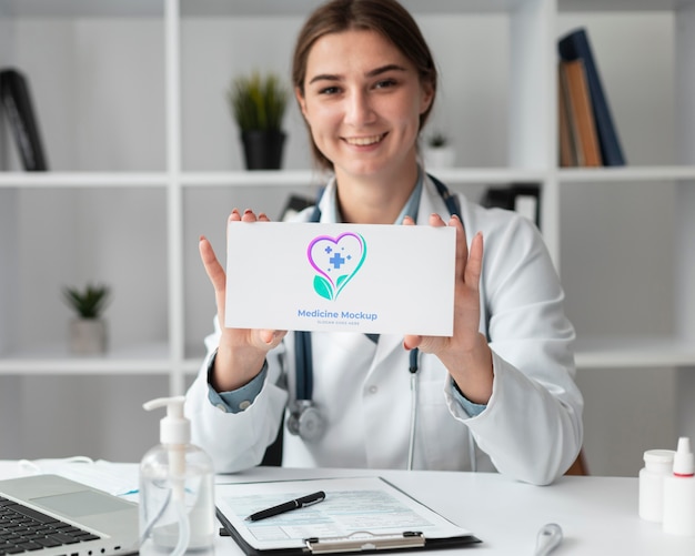 Female doctor holding a mock-up card