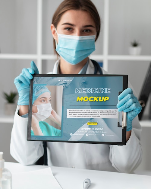 PSD medico femminile che tiene una lavagna per appunti di mock-up