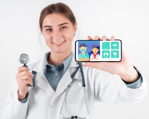 PSD female doctor holding a mock-up smartphone