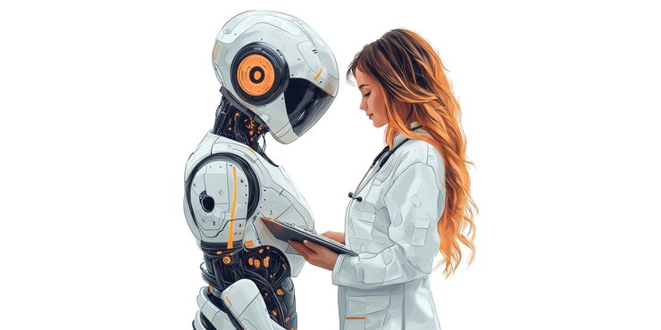 PSD female doctor interacting with medical robot isolated on transparent background