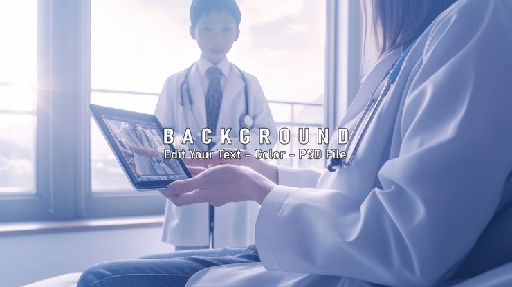 PSD 코트 를 입은 여성 의사 가 호스피 의자 에 앉아 있다
