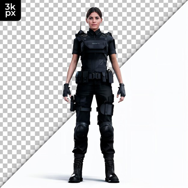 PSD a female figure in a black uniform with the letters f h r