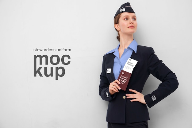 Female flight attendant posing in uniform