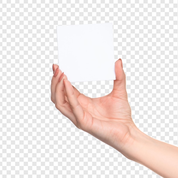 Female hand holding blank paper for records isolated on transparent background