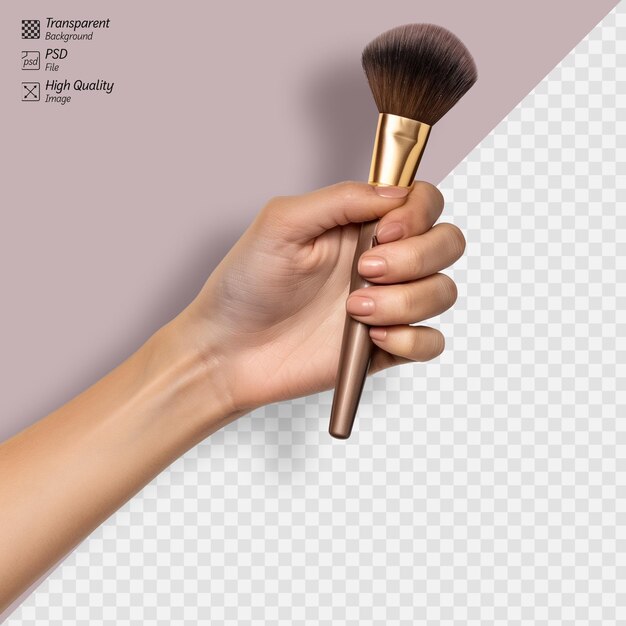 PSD female hand holding a makeup brush on transparent background