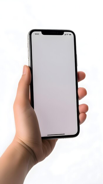 Female hand holding a phone with a white screen on a white background