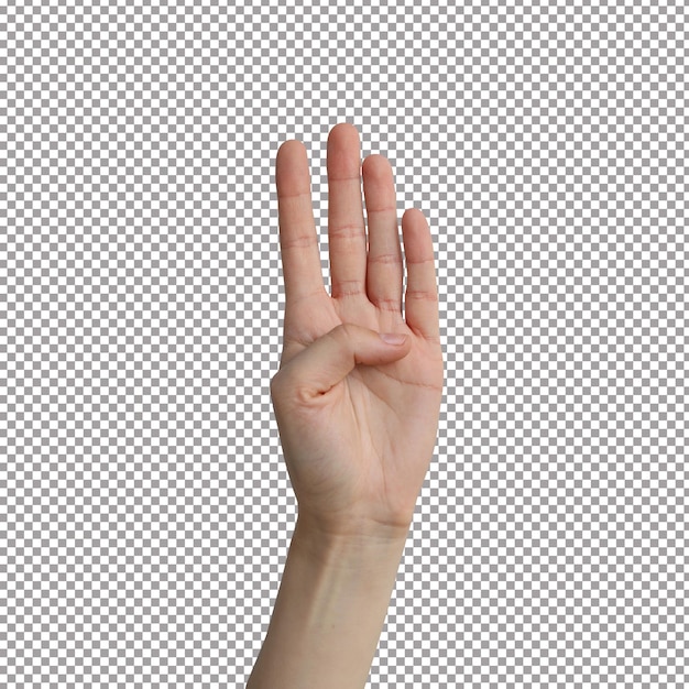 PSD mano femminile che mostra quattro dita su sfondo blu