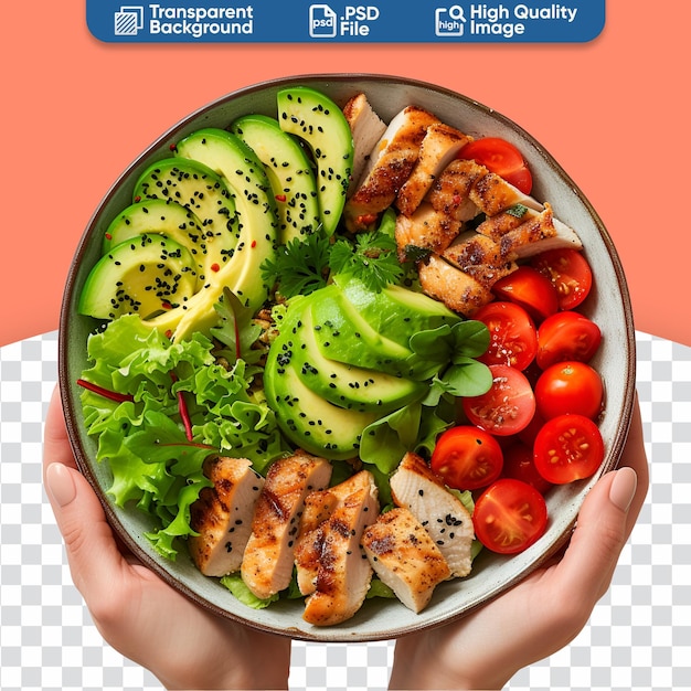 Female hands hold a salad bowl tomatoes chicken avocado green leaves top view