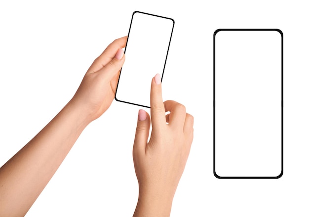 Female hands holding phone on empty background