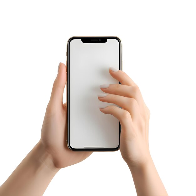 PSD ⁇ 색 배경 클로즈업에 빈 화면으로 스마트폰을 들고 있는 여성의 손