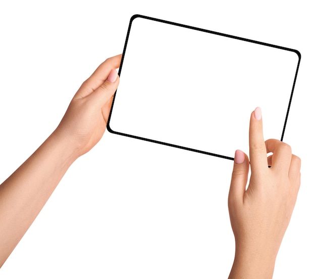 female hands holding tablet on empty background