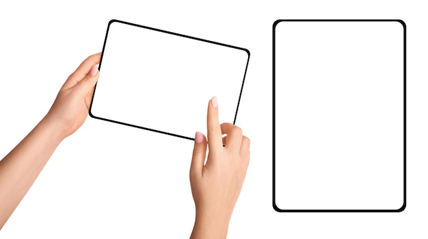 female hands holding tablet on empty background