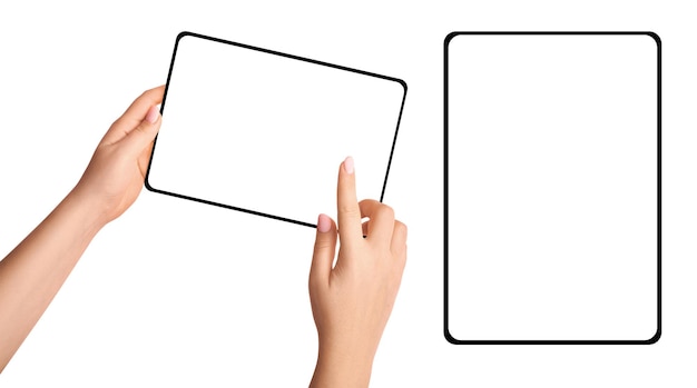 PSD female hands holding tablet on empty background