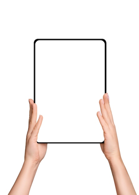 PSD female hands holding tablet with blank screen on empty background