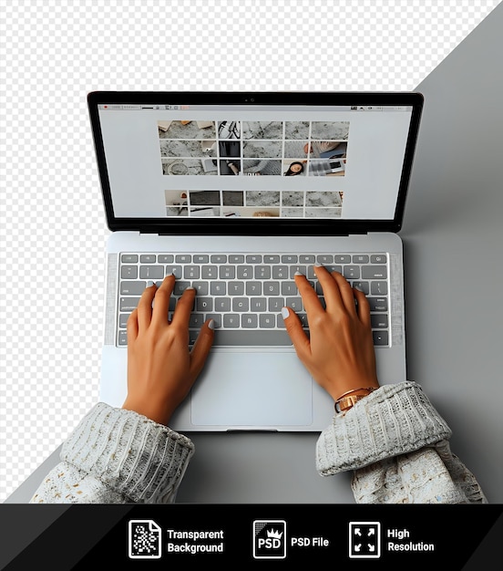 PSD female hands typing on the laptop keyboard in front of a white and gray wall with a gray cuff visible in the background png psd