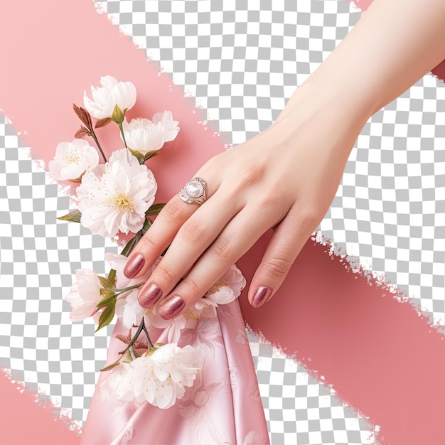 PSD female hands with japanese manicure on pink background isolated on transparent background