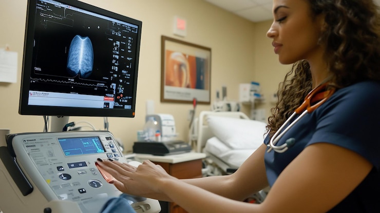 PSD female healthcare professional reviewing medical scan on monitor in a clinic