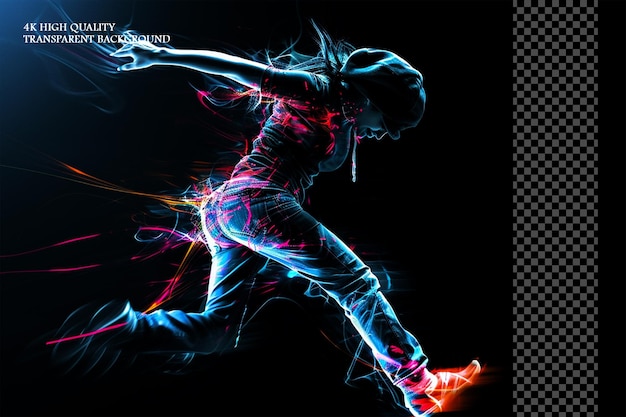 PSD female hiphop dancer jump in the dark fractal on transparent background