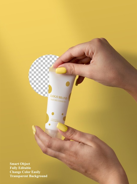 PSD female holding cream tube mockup